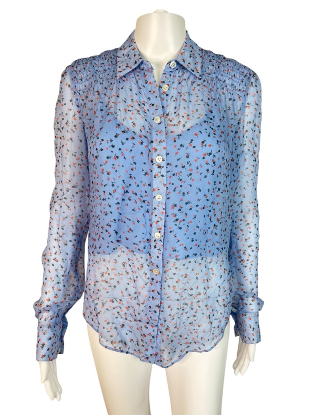 Veronica Beard Light Blue Sheer Floral Button-Down Blouse with Camisole